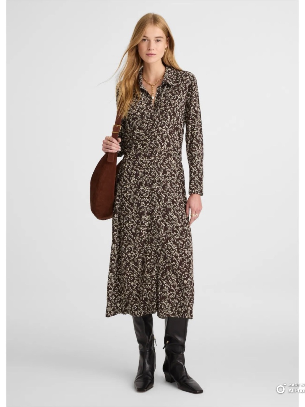 Madewell Ruched Midi Shirtdress in Bridgette Spots Brown Long Sleeve Size 2 NWT